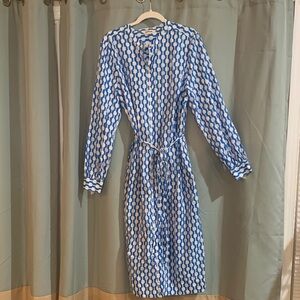 Blue Patterned Women's Boden Dress. Button up cotton shirt dress w pockets